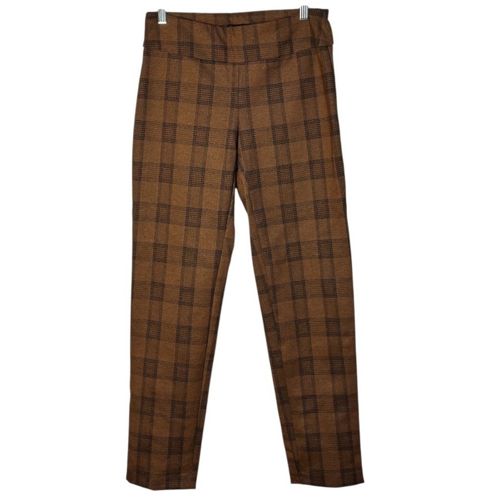New Directions Plaid Career Pull On High Rise Pants Brown Stretch Tapered Leg S